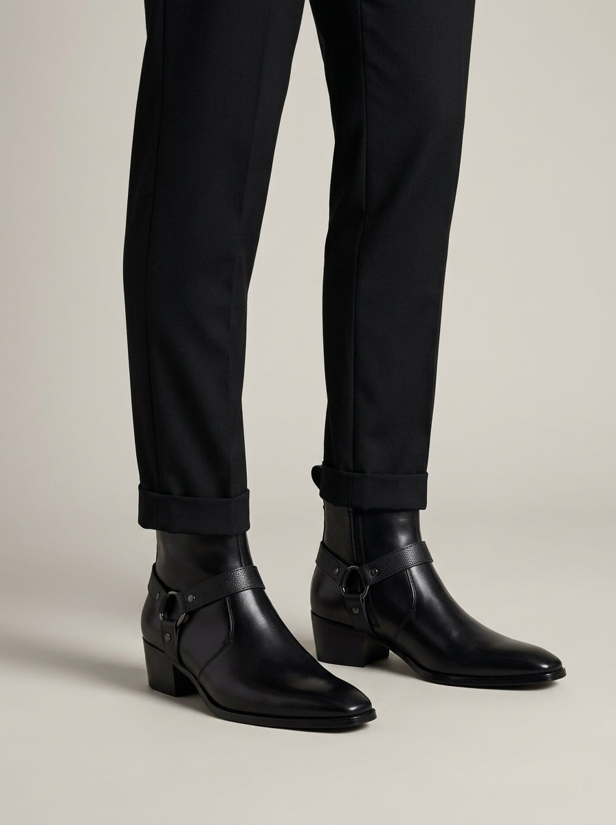 Men’s Ankle Boots with Pointed Toe, Harness Strap, D-Ring Stud Detail and Side Zip