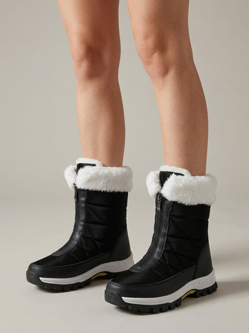 Women's Boots Quilted Faux Fur Trim Front Zip Mid-Calf Winter