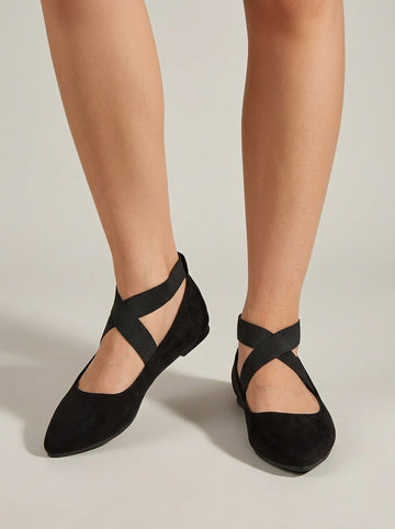 Women's Flats - Pointed Toe - Cross Ankle Strap - Elastic Closure