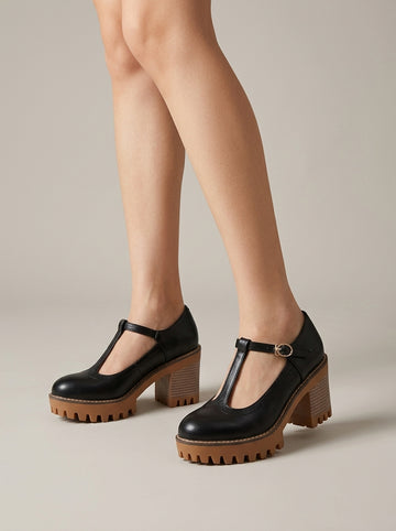 Women's Mary Jane Heels T-Strap Platform Block Heel Lug Sole