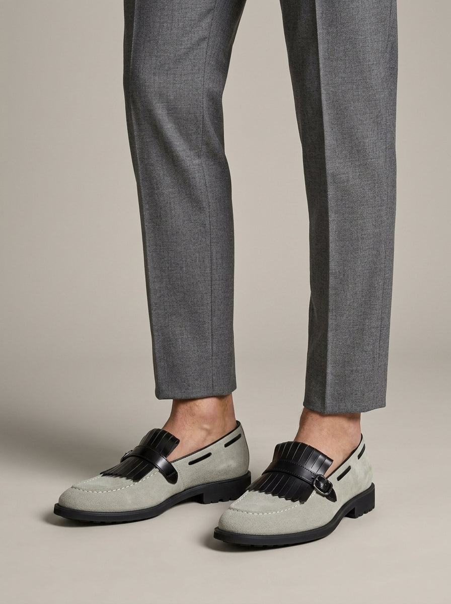 Men's Penny Loafers - Suede - Fringe Detail - Buckle Strap