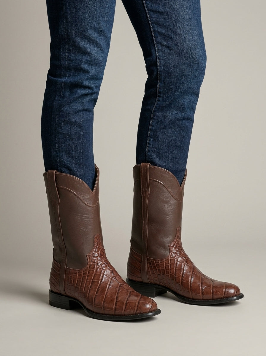 Men's Boots Western Croc-Embossed Mid-Calf Block Heel Pull-On