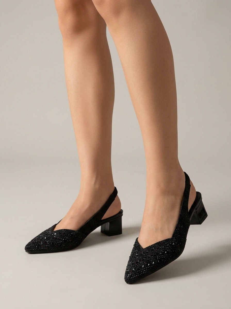 Women's Pointed Toe Slingback Pumps with Rhinestone Detail and Block Heel