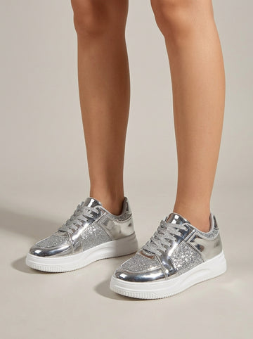 Women's Sneakers Low-Top Platform Glitter Lace-Up Metallic