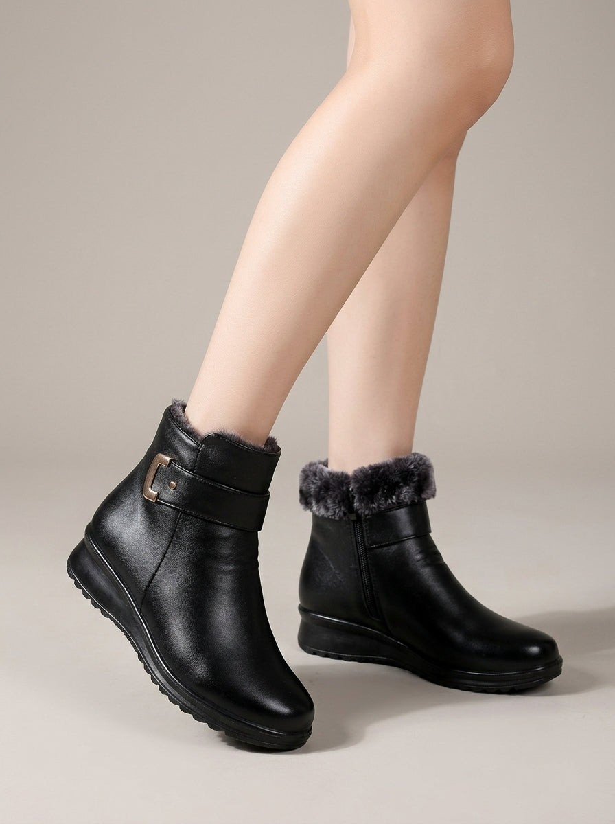 Women's Ankle Boots Fur-Lined Buckle Strap Wedge Sole Side Zip