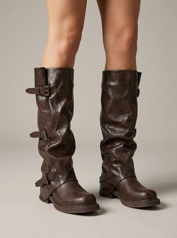 Women's Leather Knee High Boots Triple Buckle Strap Block Heel Biker