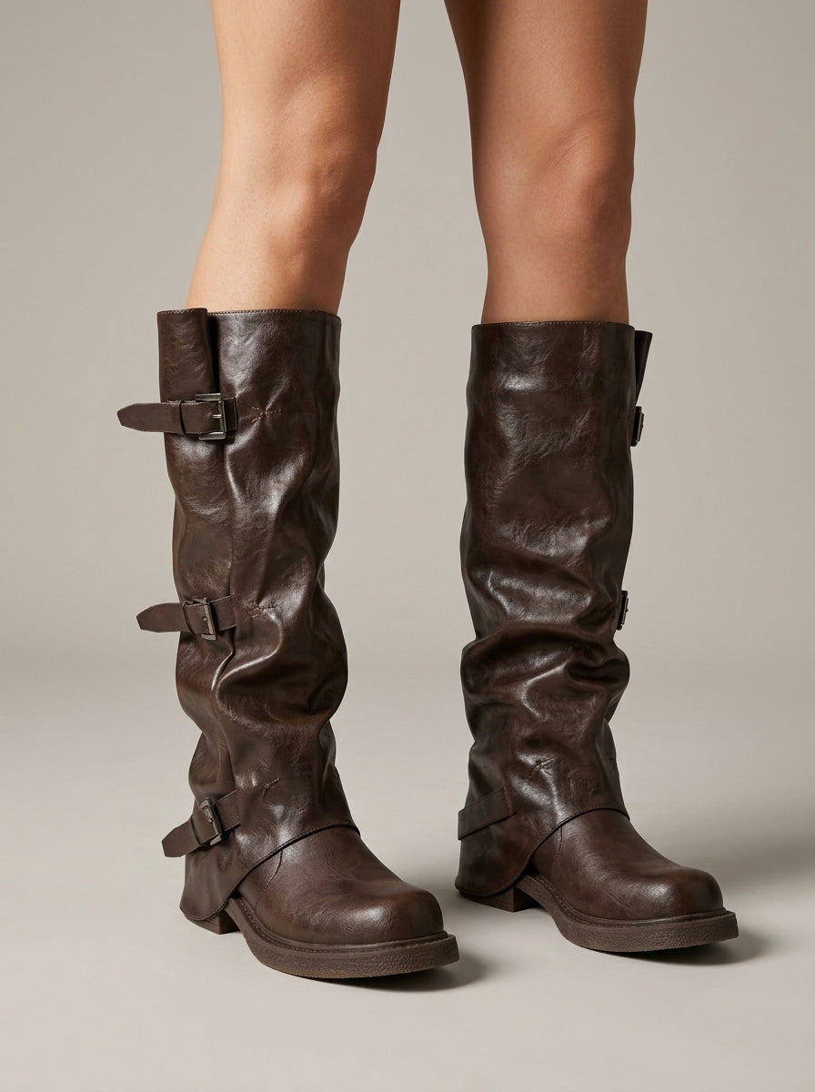 Women's Leather Knee High Boots Triple Buckle Strap Block Heel Biker
