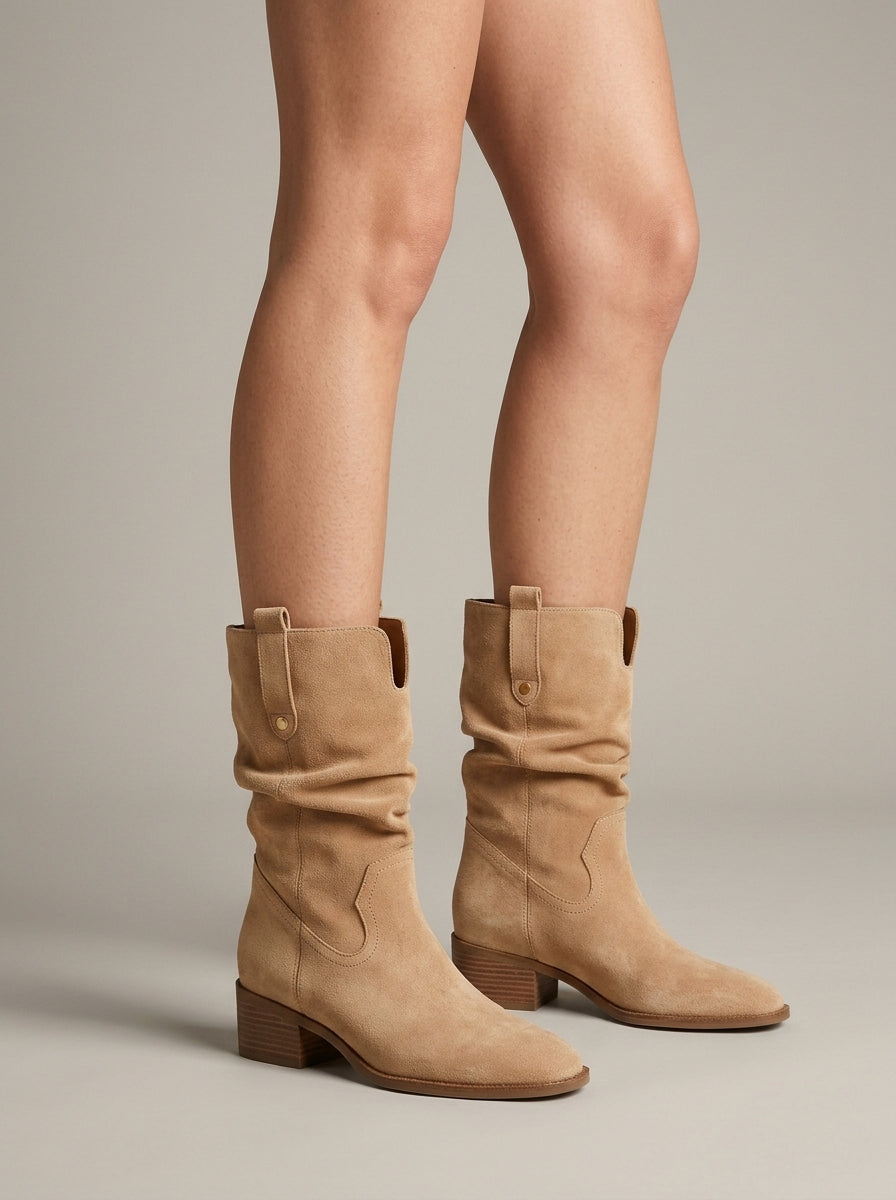 Women’s Suede Slouch Mid Calf Western Boots Block Heel
