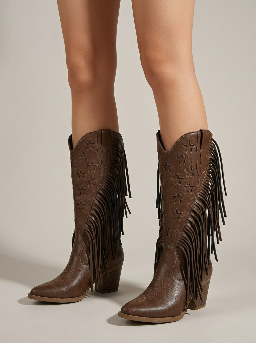 Women's Knee High Boots Western Pointed Toe Fringe Block Heel