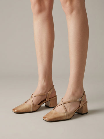 Women's Heels Square Toe Slingback Cross Strap Block Heel Leather