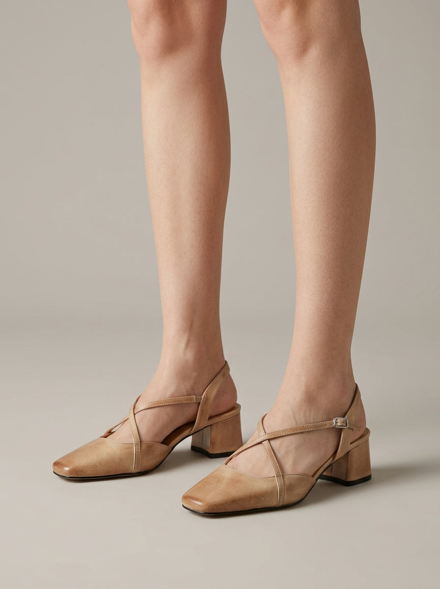 Women's Heels Square Toe Slingback Cross Strap Block Heel Leather