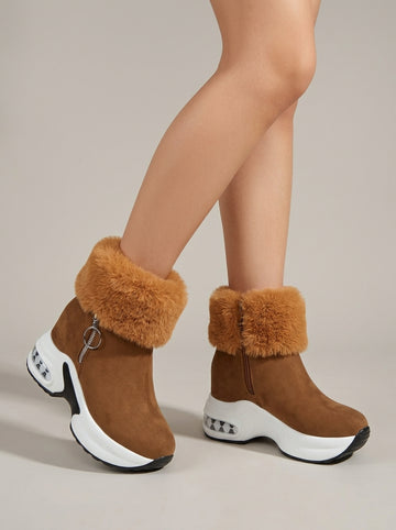 Women's Ankle Boots Platform Sole Fur-Trimmed Zipper Closure