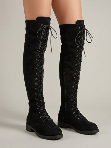 Women's Knee High Boots Over-the-Knee Lace-Up Low Block Heel