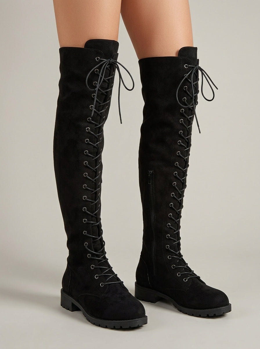 Women's Knee High Boots Over-the-Knee Lace-Up Low Block Heel