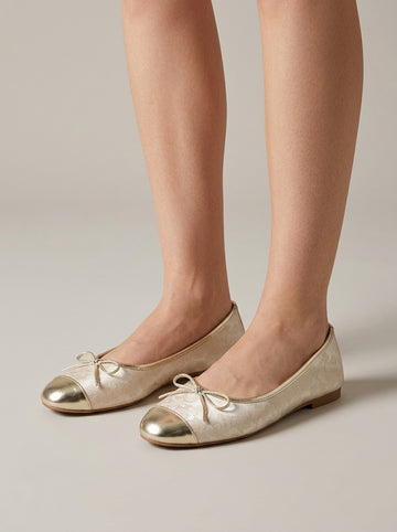 Women's Flats - Round Toe - Bow Detail - Metallic Cap Toe - Slip-On