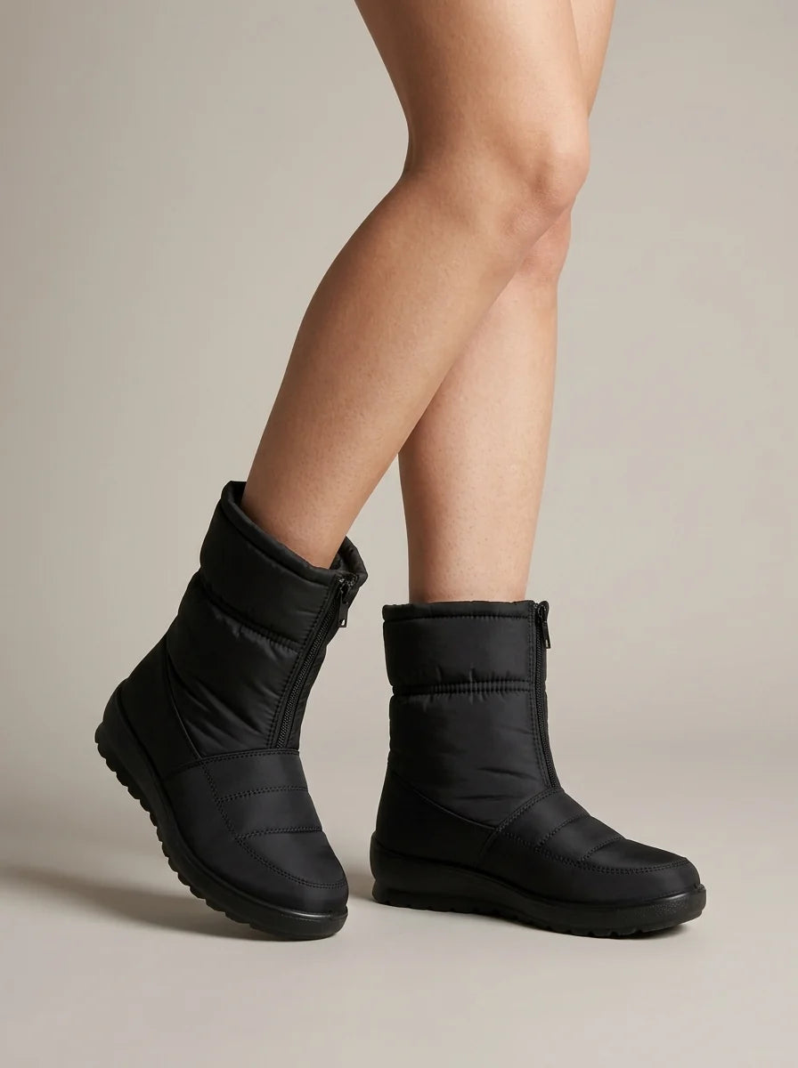 Women’s Quilted Snow Boots with Front Zip, Padded Shaft and Flat Sole