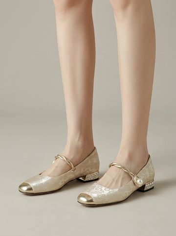 Women's Mary Jane Jacquard Block Heel Shoes - Rhinestone Heel Detail