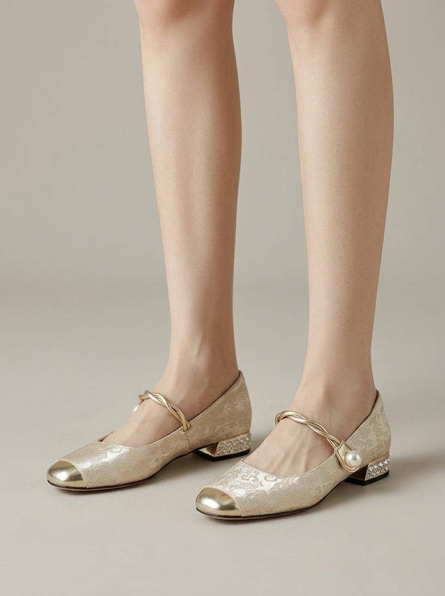 Women's Mary Jane Jacquard Block Heel Shoes - Rhinestone Heel Detail