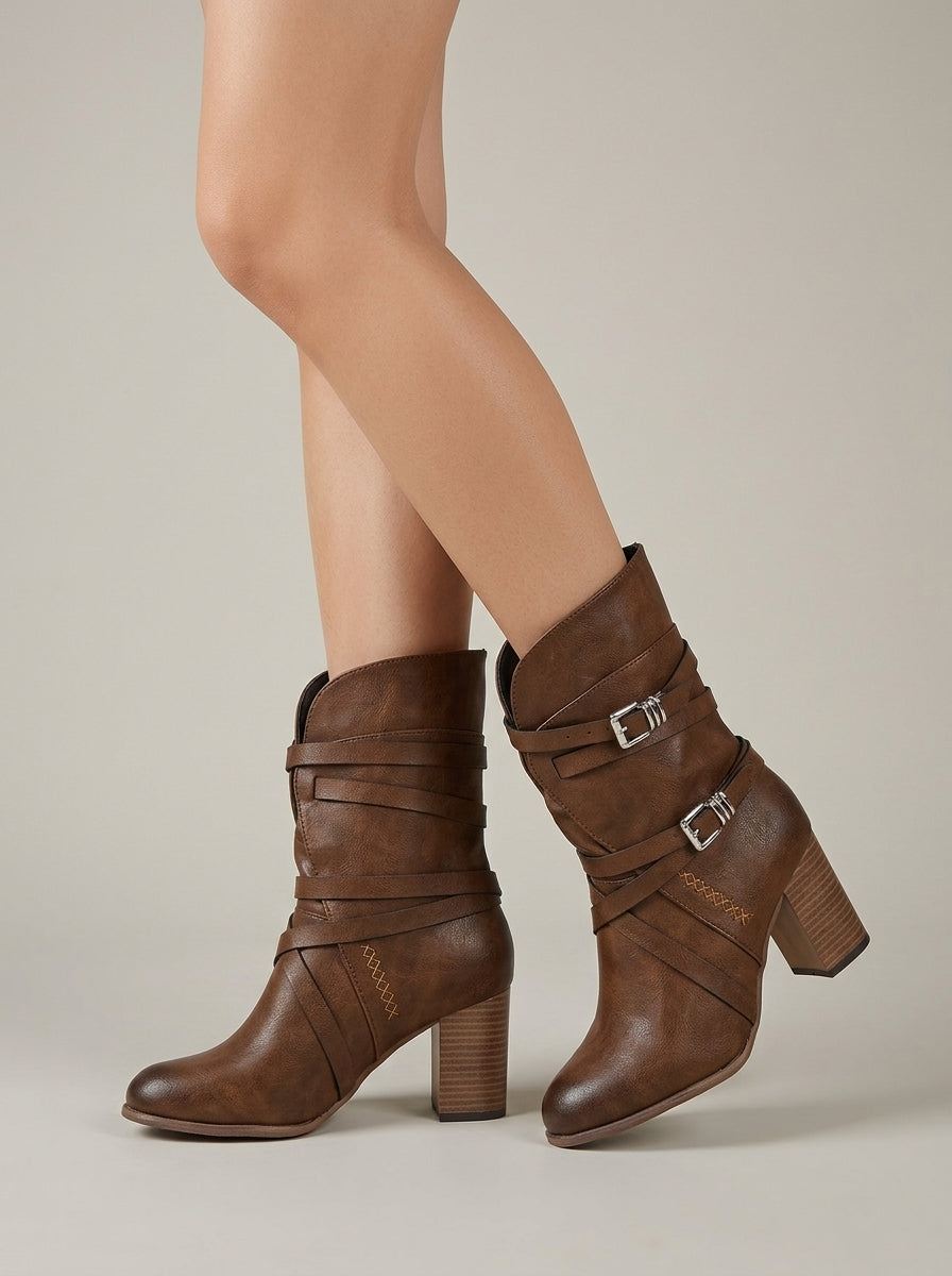 Women’s Mid-Calf Heeled Boots with Double Wrap Buckle Straps