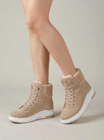 Women's Lace-Up Ankle Boots with Plush Lined Collar and Thick Sole