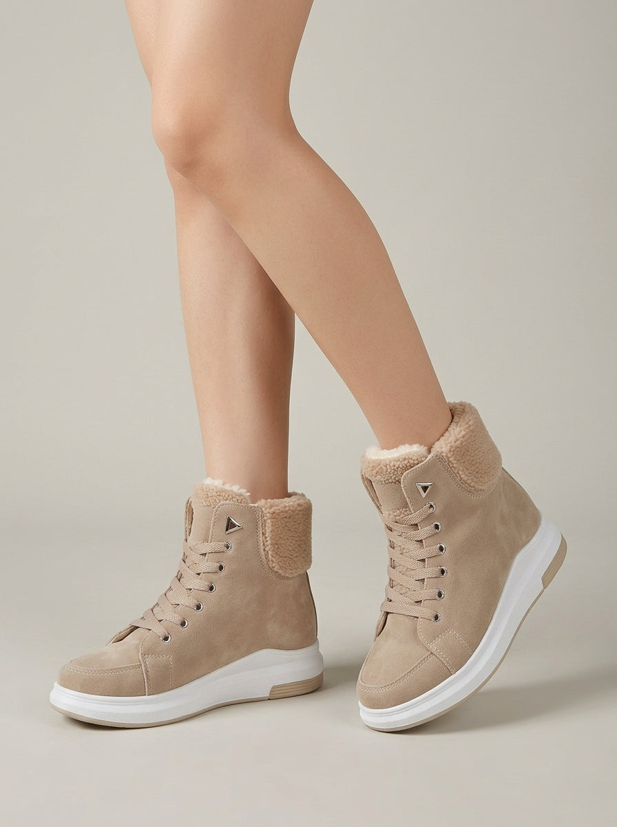 Women's Lace-Up Ankle Boots with Plush Lined Collar and Thick Sole