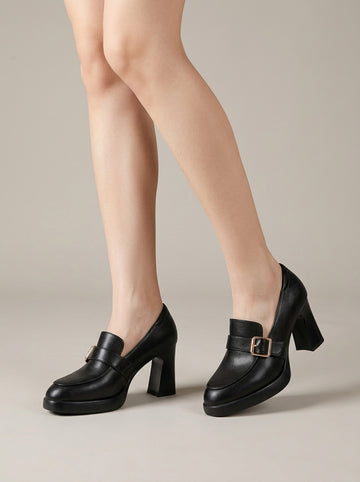 Women's Platform Loafers - Block Heels - Buckle Strap Detail
