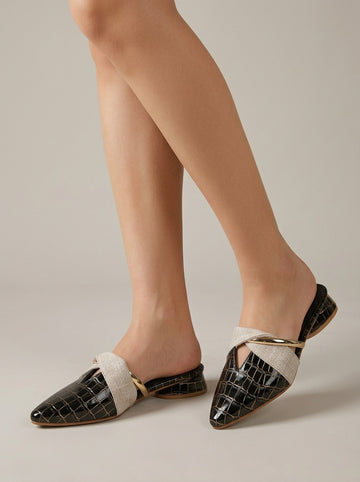 Women's Pointed Toe Mules with Metal Accent Strap and Low Heel