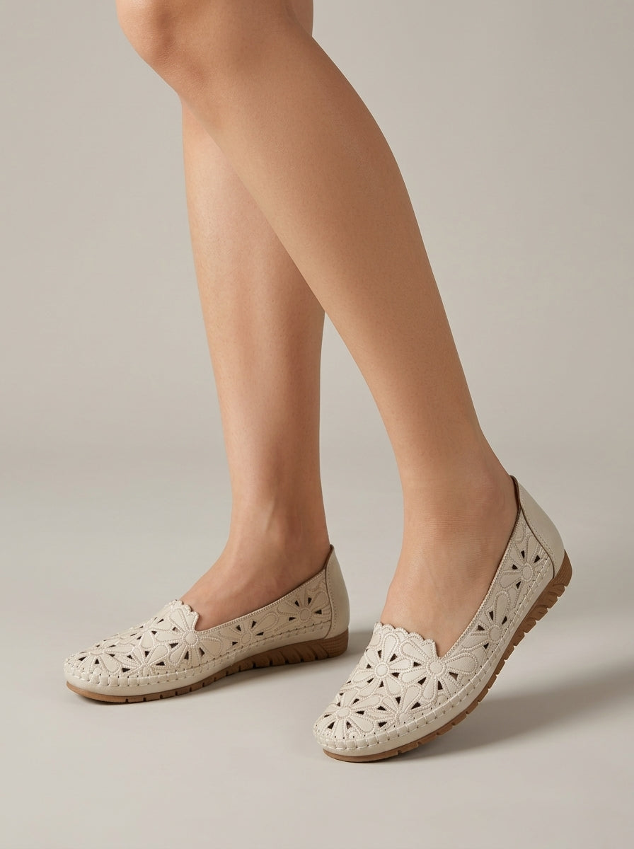 Women's Round Toe Flats with Floral Cutout Detail and Scalloped Edge