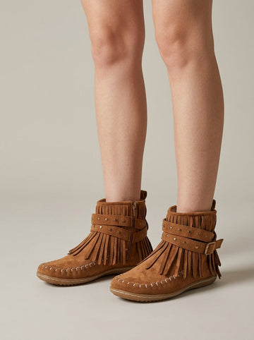 Women's Ankle Boots Fringe Detail Moccasin Toe Buckle Strap