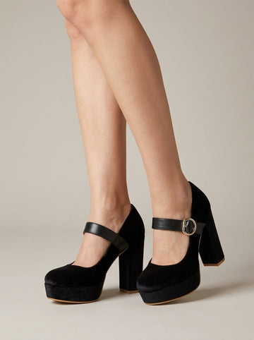 Women's Mary Jane Heels Platform Block Heel Round Toe Velvet
