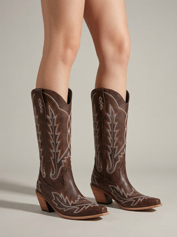 Women's Western Knee-High Boots Embroidery Pointed Toe Stacked Heel