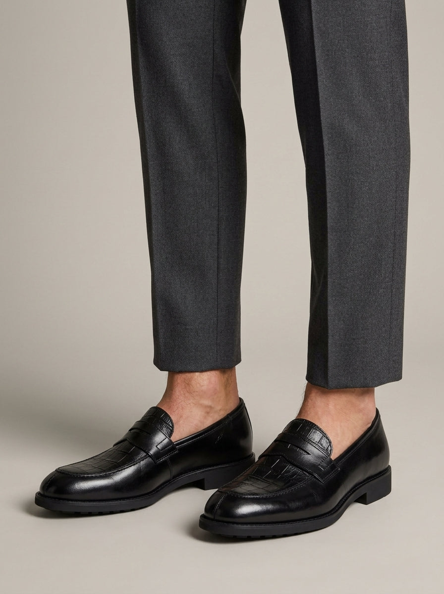 Men's Penny Loafers Slip-On Croc-Embossed Leather Low Heel
