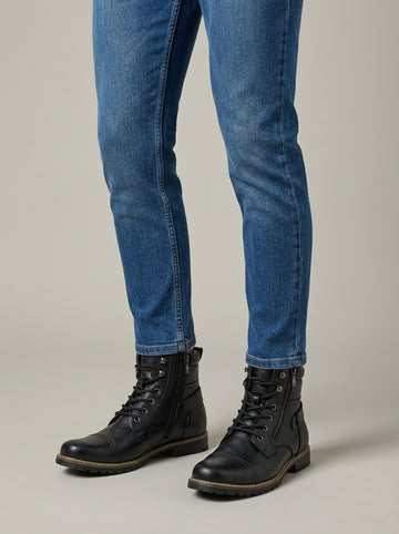 Men's Ankle Boots - Cap Toe - Lace-Up - Side Zip - Buckle Strap