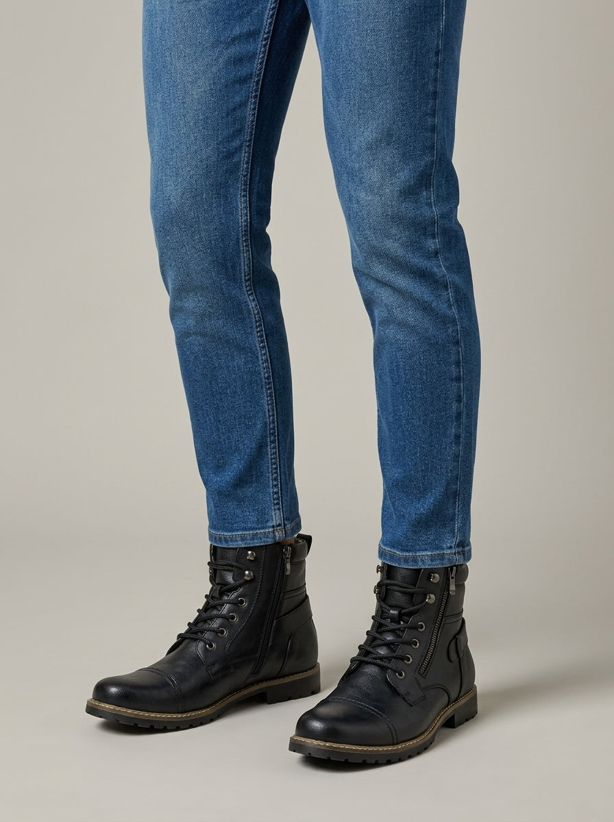 Men's Ankle Boots - Cap Toe - Lace-Up - Side Zip - Buckle Strap