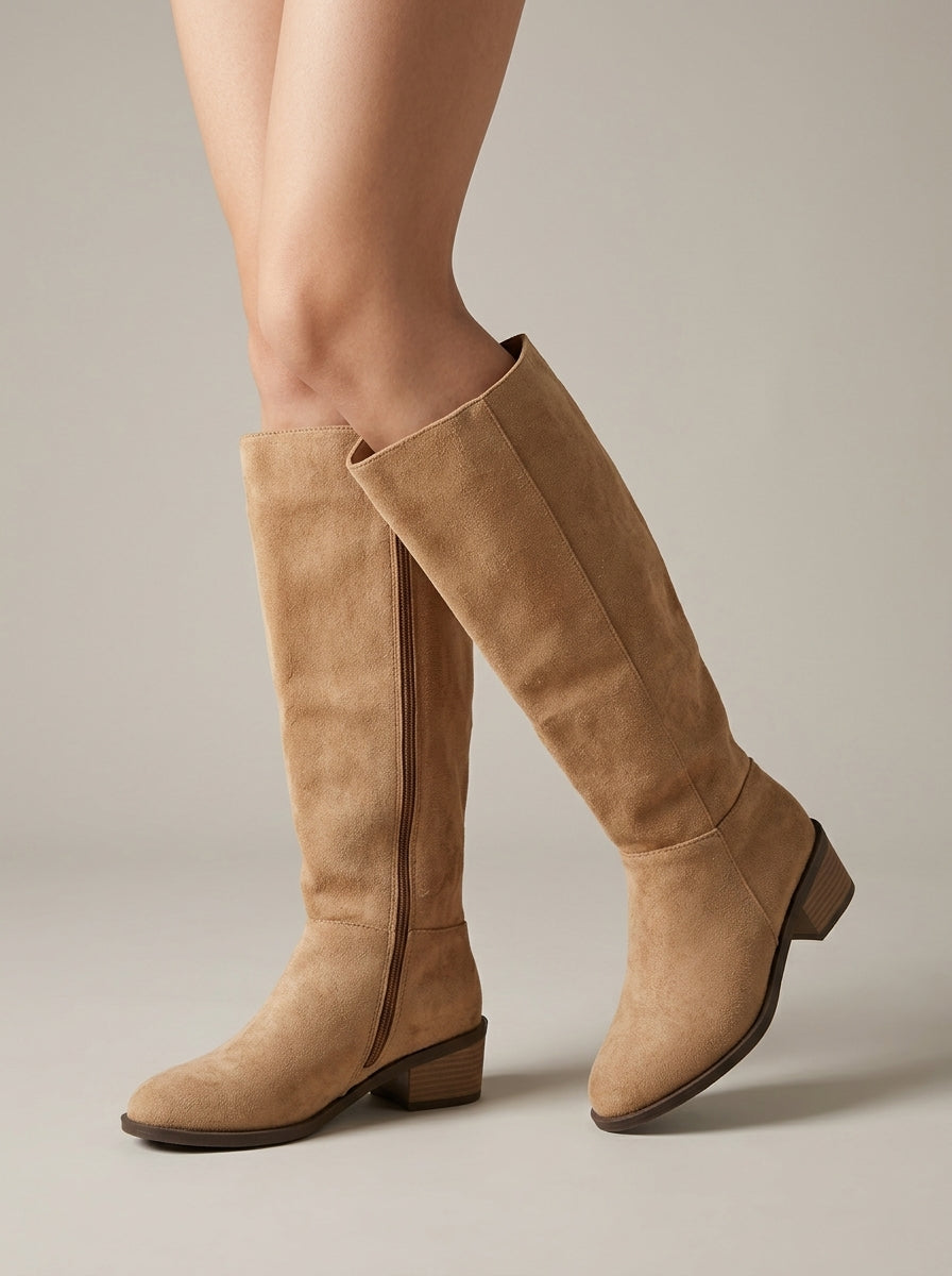 Women's Knee-High Boots with Round Toe and Side Zip Closure