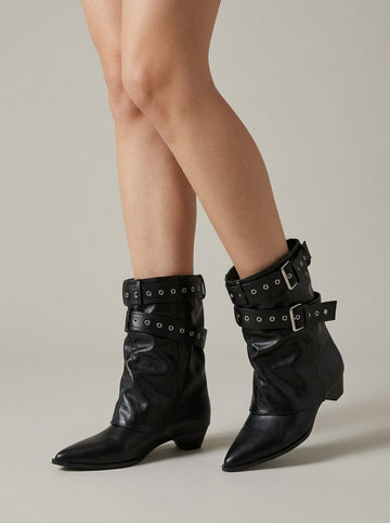 Women's Boots Pointed Toe Mid-Calf Double Buckle Straps Low Block Heel