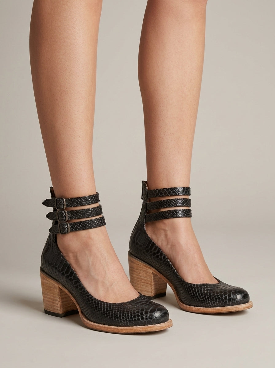 Women's Heels Round Toe Block Heel Buckled Ankle Straps Cut-Out