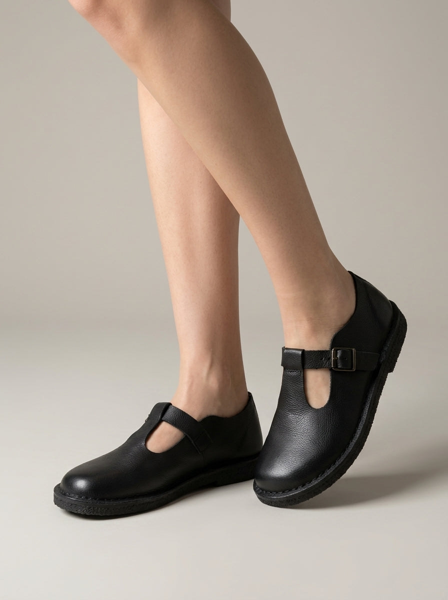 Women's Leather Flats Round Toe T-Strap Buckle Closure Mary Jane