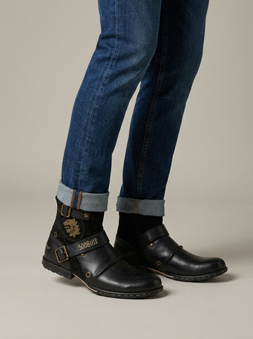 Men's Ankle Boots - Round Toe - Dual Buckle Straps - Low Heel