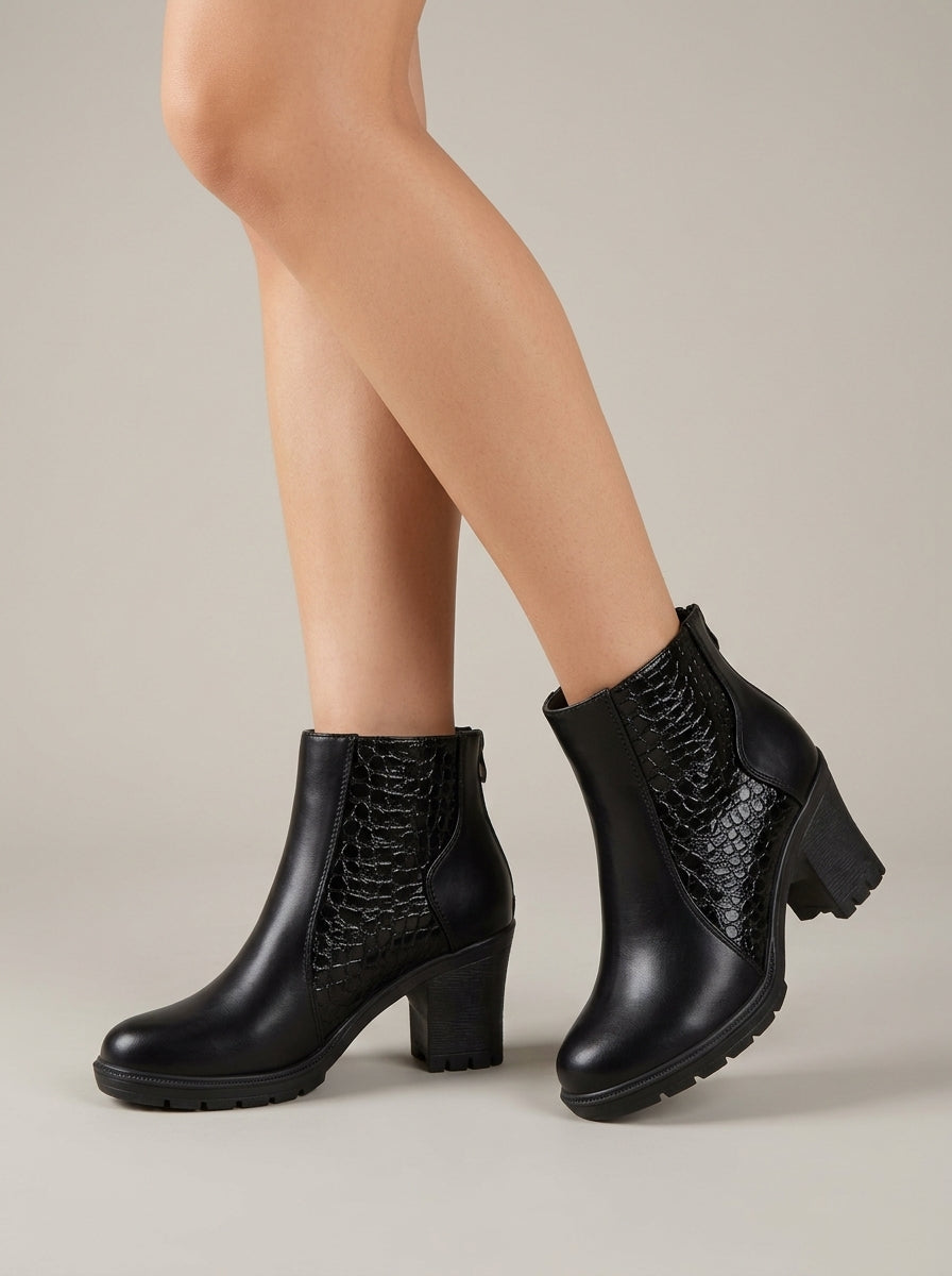 Women's Ankle Boots Block Heel Croc-Embossed Side Panel Zip