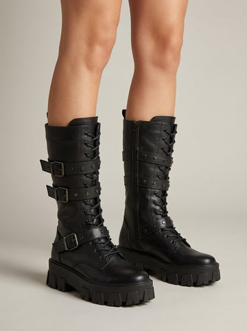 Women's Combat Boots with Triple Buckle Straps and Lugged Platform Sole