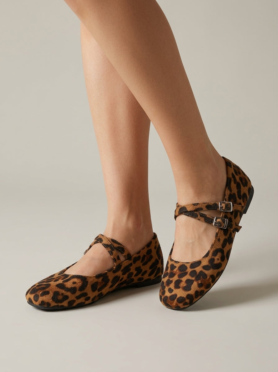 Women's Round Toe Flats with Crisscross Ankle Strap and Buckle Closure