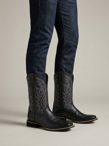 Men’s Western Cowboy Boots with Embroidered Shaft, Square Toe and Stacked Heel