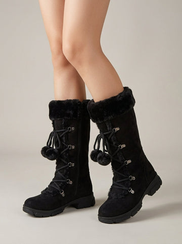 Women's Knee High Boots Lace-Up Faux Fur Cuff Pom Pom Side Zip