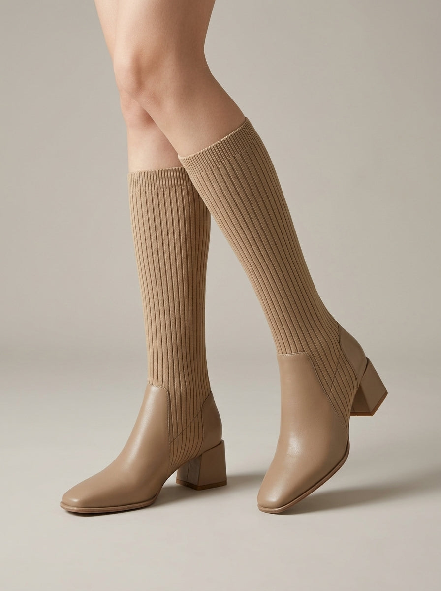 Women's Knee High Boots Stretch Knit Block Heel Sock