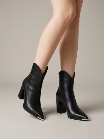 Women's Ankle Boots - Pointed Toe - Block Heel - Metallic Toe Cap
