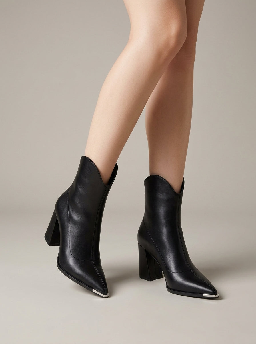 Women's Ankle Boots - Pointed Toe - Block Heel - Metallic Toe Cap