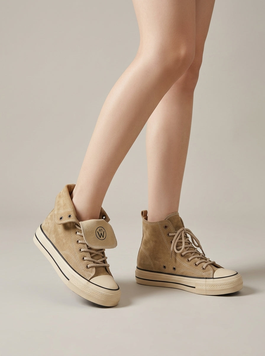 Women's High-Top Platform Sneakers - Canvas Lace-Up Rubber Sole