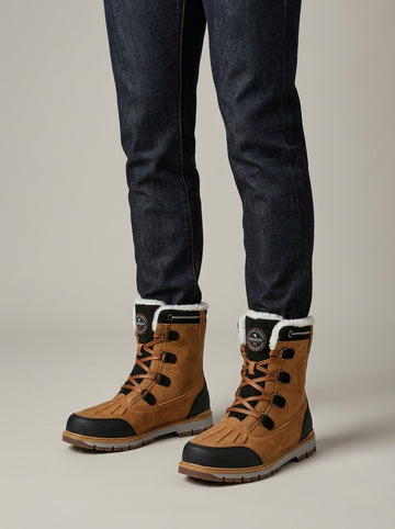 Men's Genuine Leather Lace-Up Mid-Calf Boots with Fur-Lined Collar