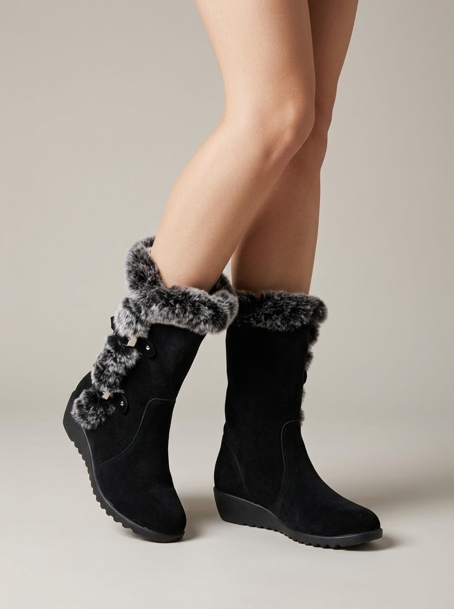 Women's Boots Mid-Calf Faux Fur Trim Double Buckle Wedge
